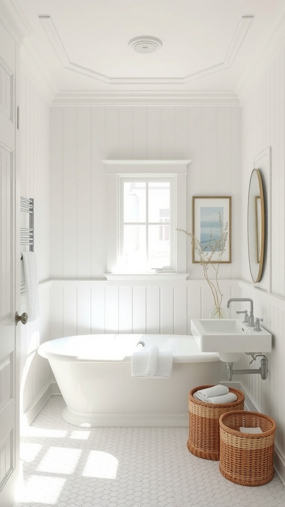 A light and airy bathroom featuring white walls, a freestanding tub, and natural decor elements.