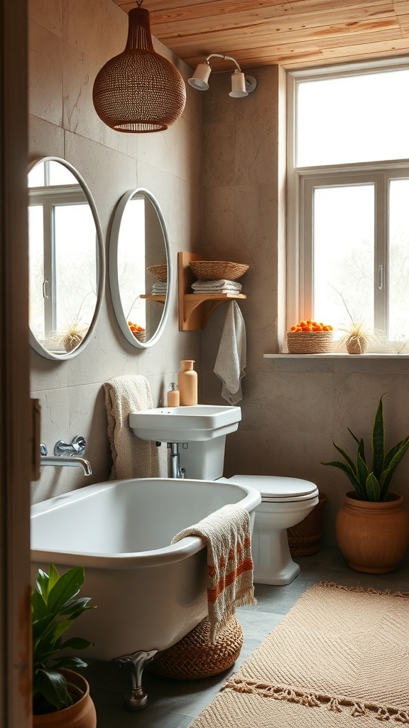 A boho bathroom featuring a wooden ceiling, natural decor, and plants in terracotta pots.