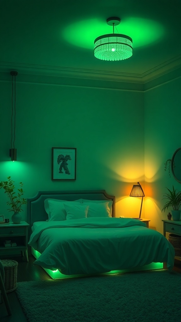 A cozy bedroom featuring green lighting fixtures, including a green ceiling light and a warm bedside lamp.