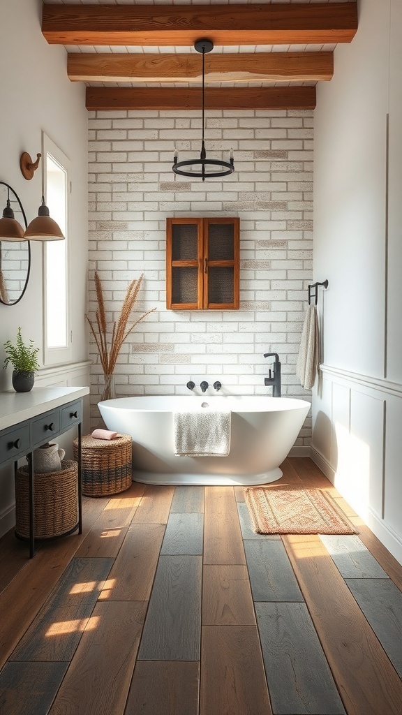 Rustic farmhouse bathroom with wooden flooring, white brick walls, and a freestanding bathtub.