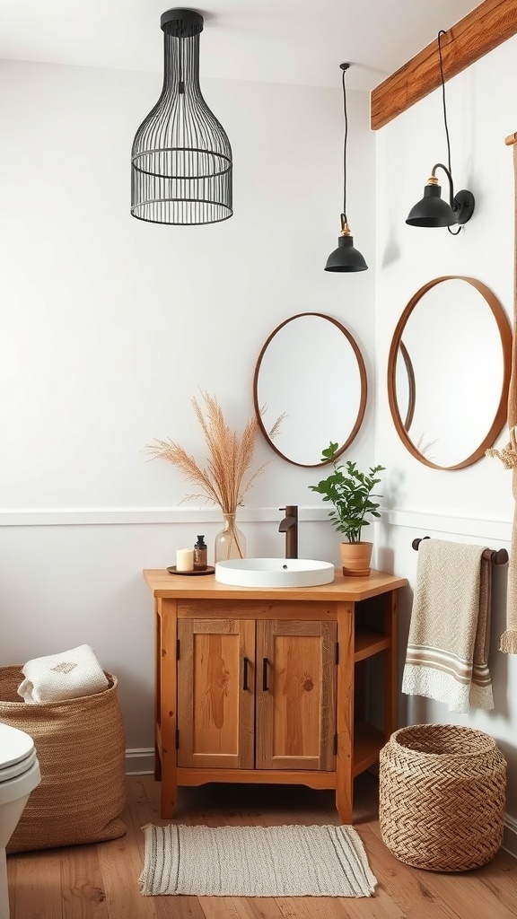 A boho bathroom featuring natural wood accents, a wooden vanity, round mirrors, and plants.