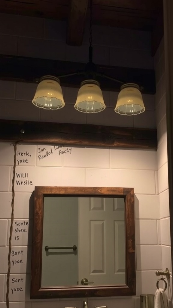 A rustic bathroom with a vintage lighting fixture featuring three glass shades and a wooden-framed mirror.