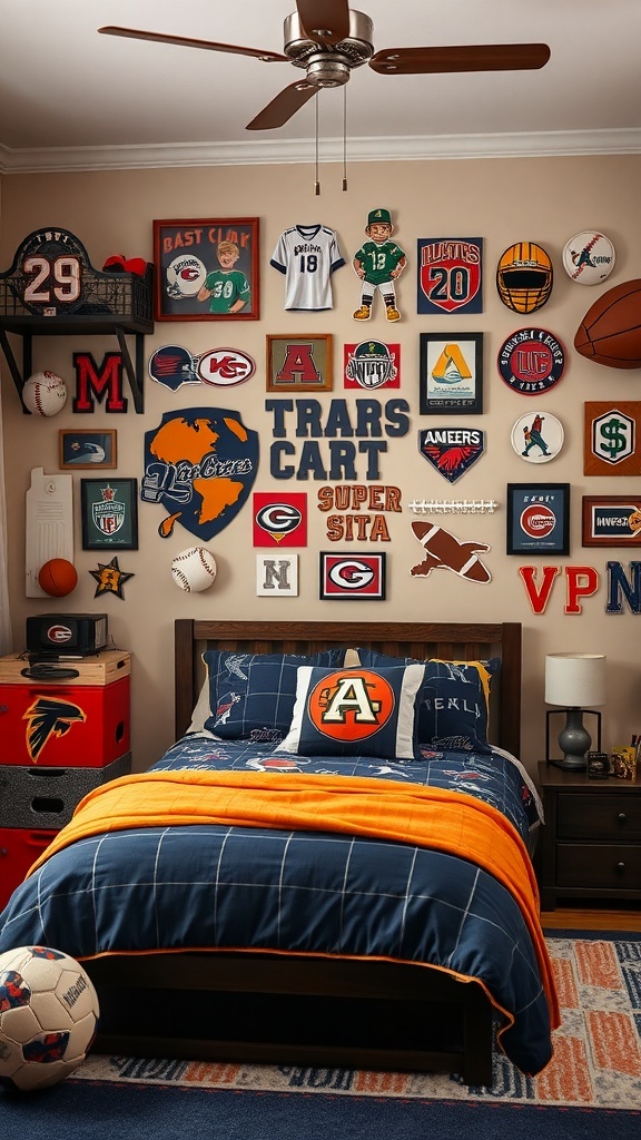 A sports-themed bedroom featuring team colors, memorabilia, and a cozy bed.
