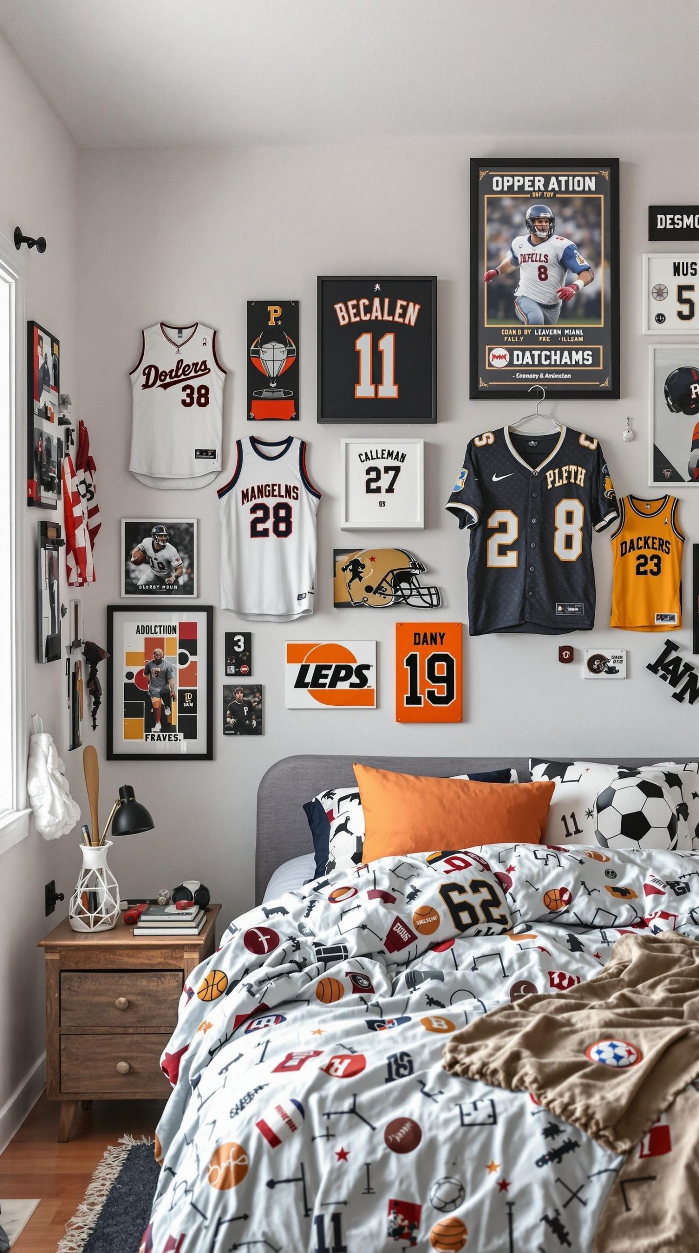 A sports-themed bedroom featuring jerseys, framed memorabilia, and bedding with sports icons.