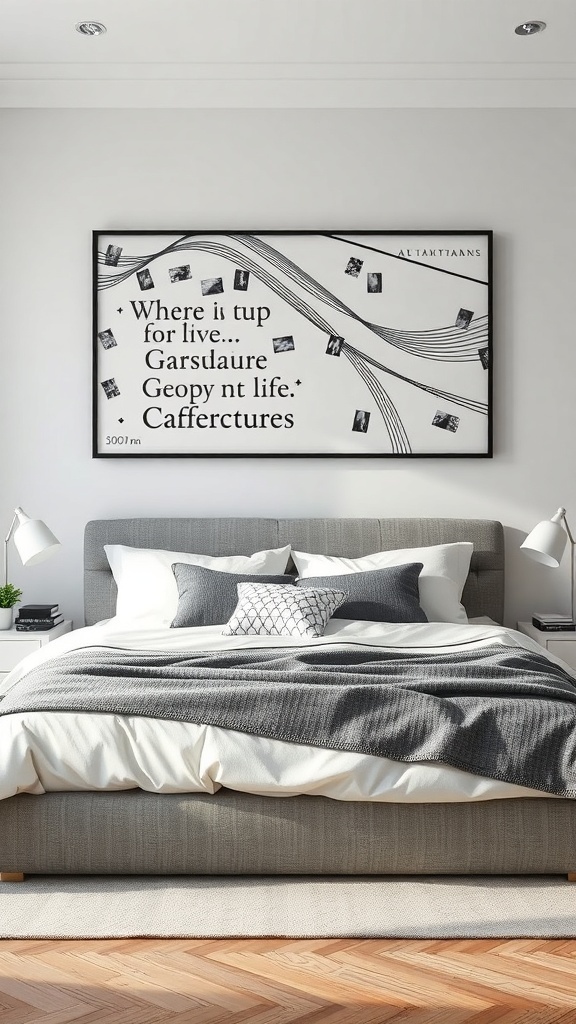 A modern bedroom featuring a large black and white artwork above the bed, with a cozy bedding setup.