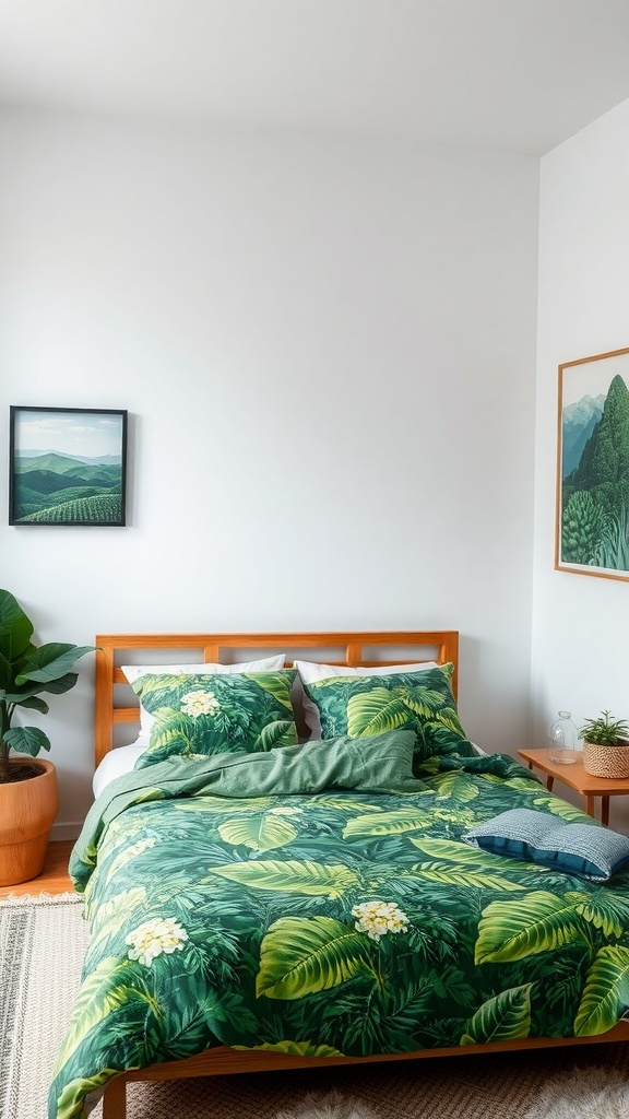 A cozy bedroom with green tropical leaf bedding and greenery-inspired artwork on the walls.