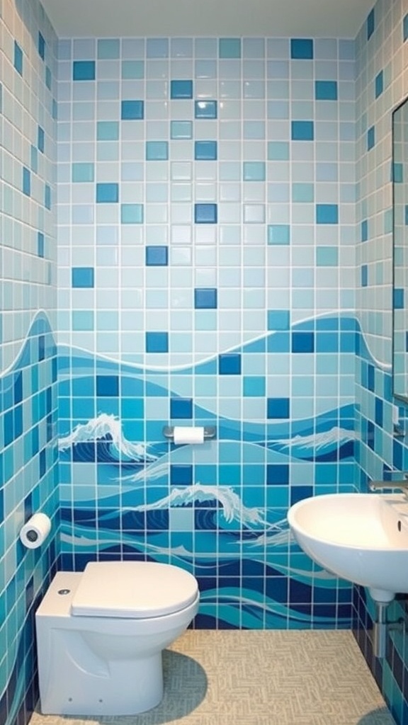 Bathroom with ocean-inspired tile designs featuring blue tiles and wave patterns