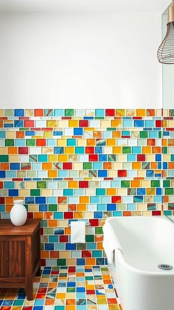 A colorful bathroom featuring recycled glass tiles on the walls and floor.