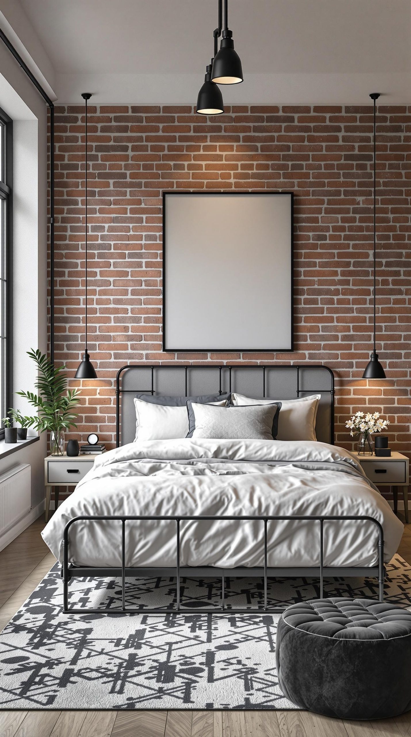 A stylish industrial chic bedroom featuring a metal bed frame, exposed brick wall, and modern lighting.