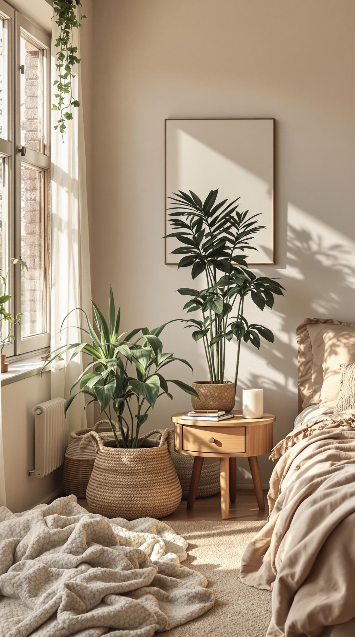 A cozy bedroom with earthy tones, featuring plants, a wooden nightstand, and soft bedding.