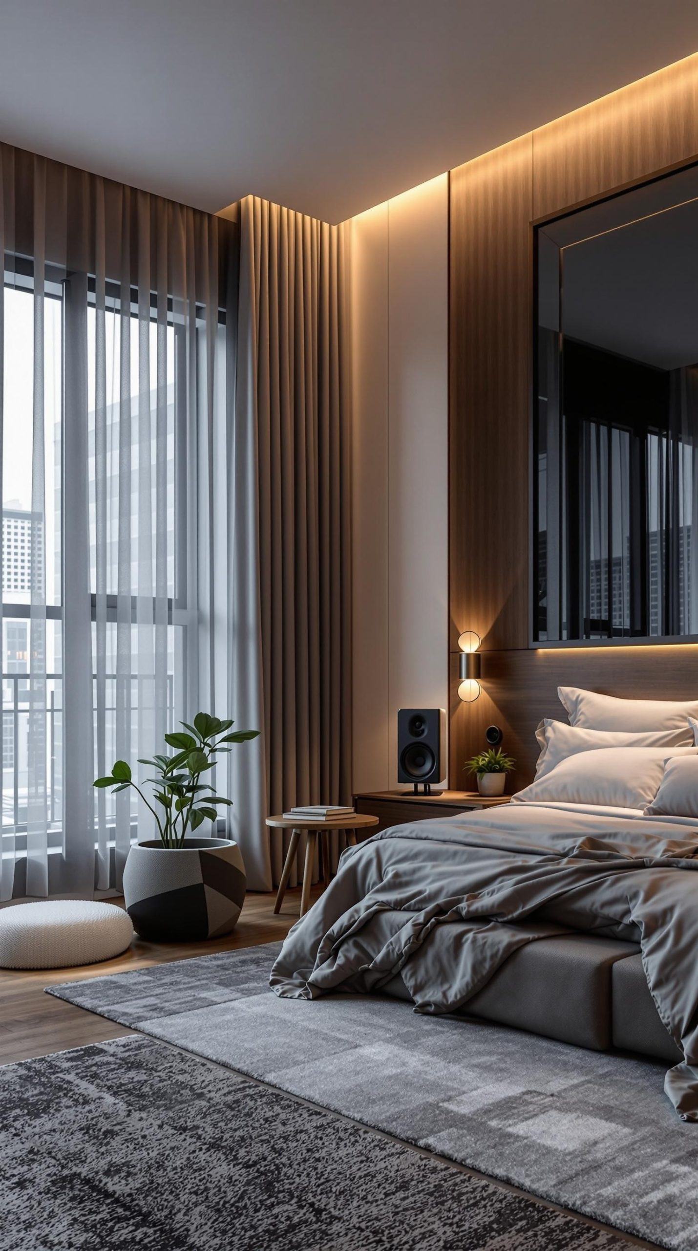 A modern bedroom with soft lighting, a cozy bed, stylish decor, and a touch of greenery.
