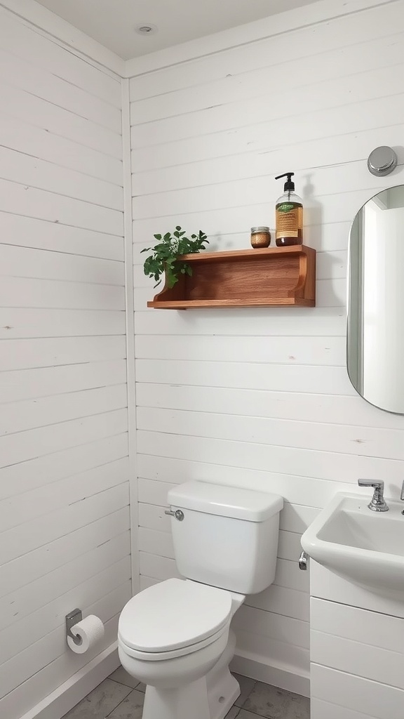 A cozy bathroom with shiplap walls, a wooden shelf, and a small plant.