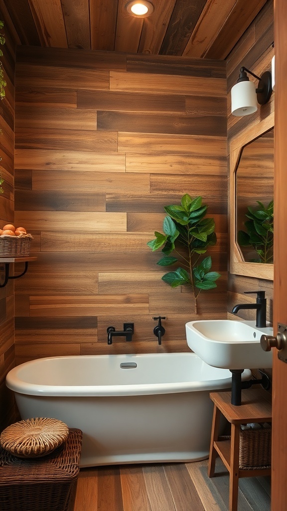 A cozy bathroom with rustic wood accents, featuring wooden walls, a white bathtub, and a sink.