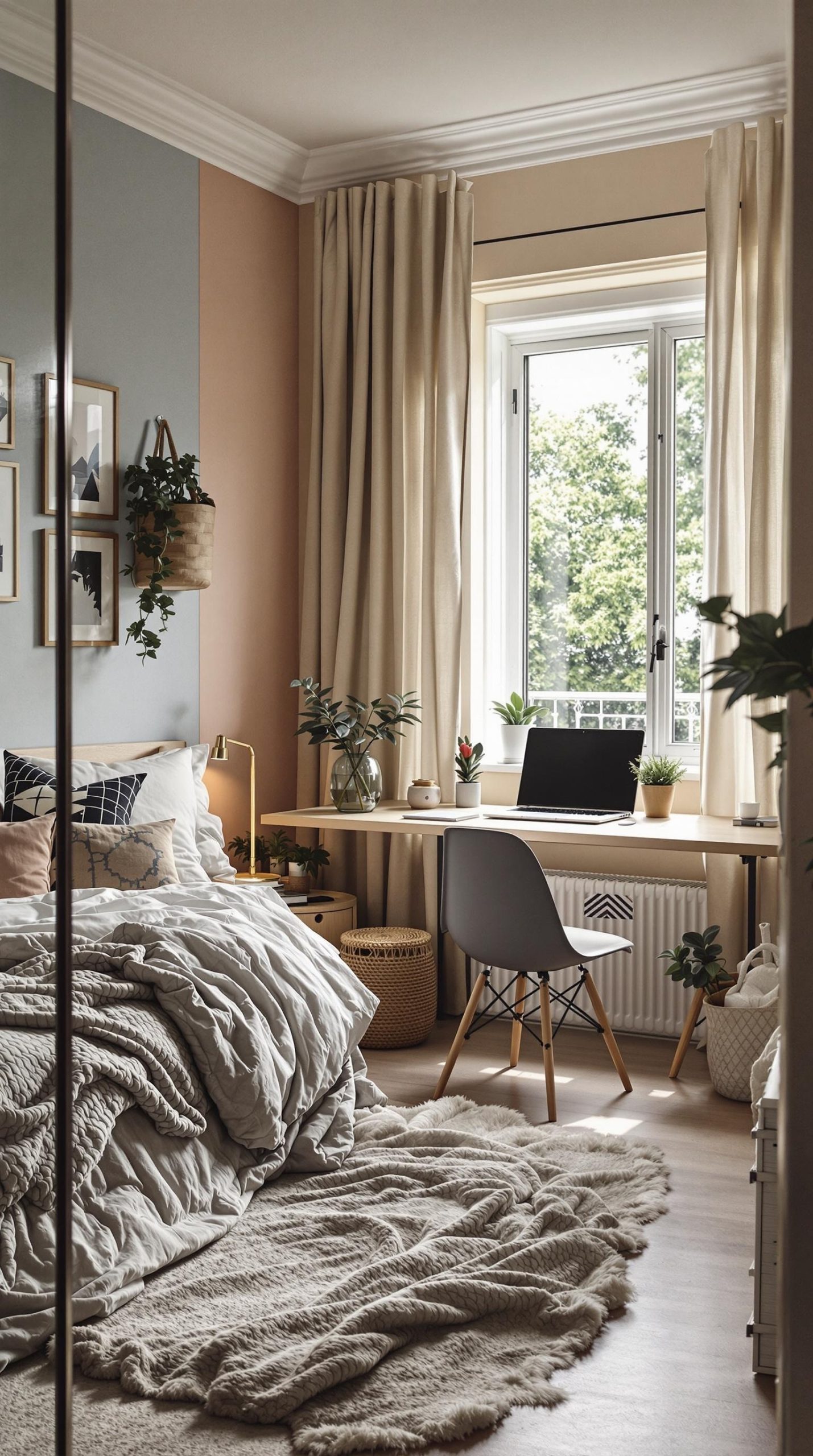 A cozy bedroom with a home office nook featuring a desk by the window, plants, and soft bedding.