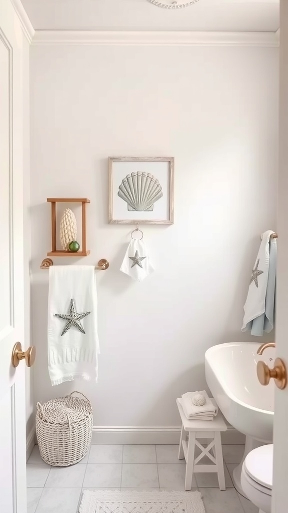 A coastal bathroom featuring seashell-inspired decor with a framed shell artwork, starfish towels, and a woven basket.