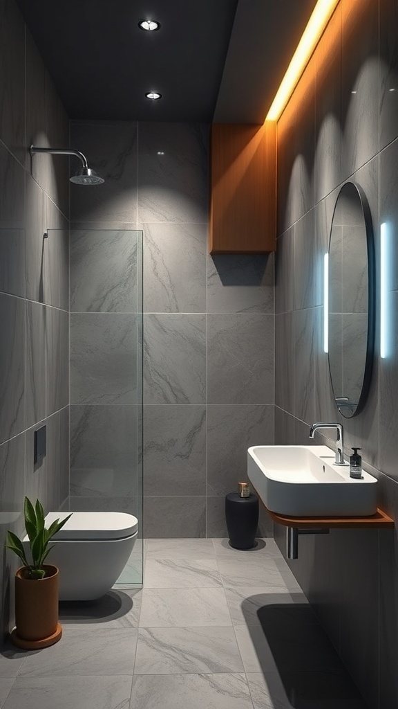 A modern bathroom featuring energy-efficient lighting with recessed lights and a backlit mirror.