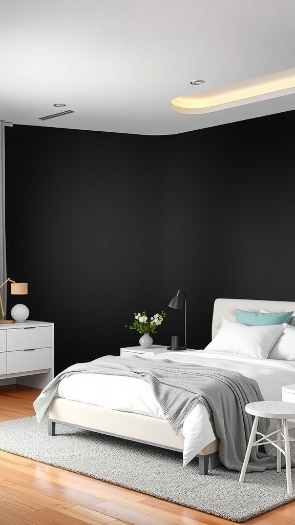 Modern bedroom with a black accent wall, white bed, and gray blanket.