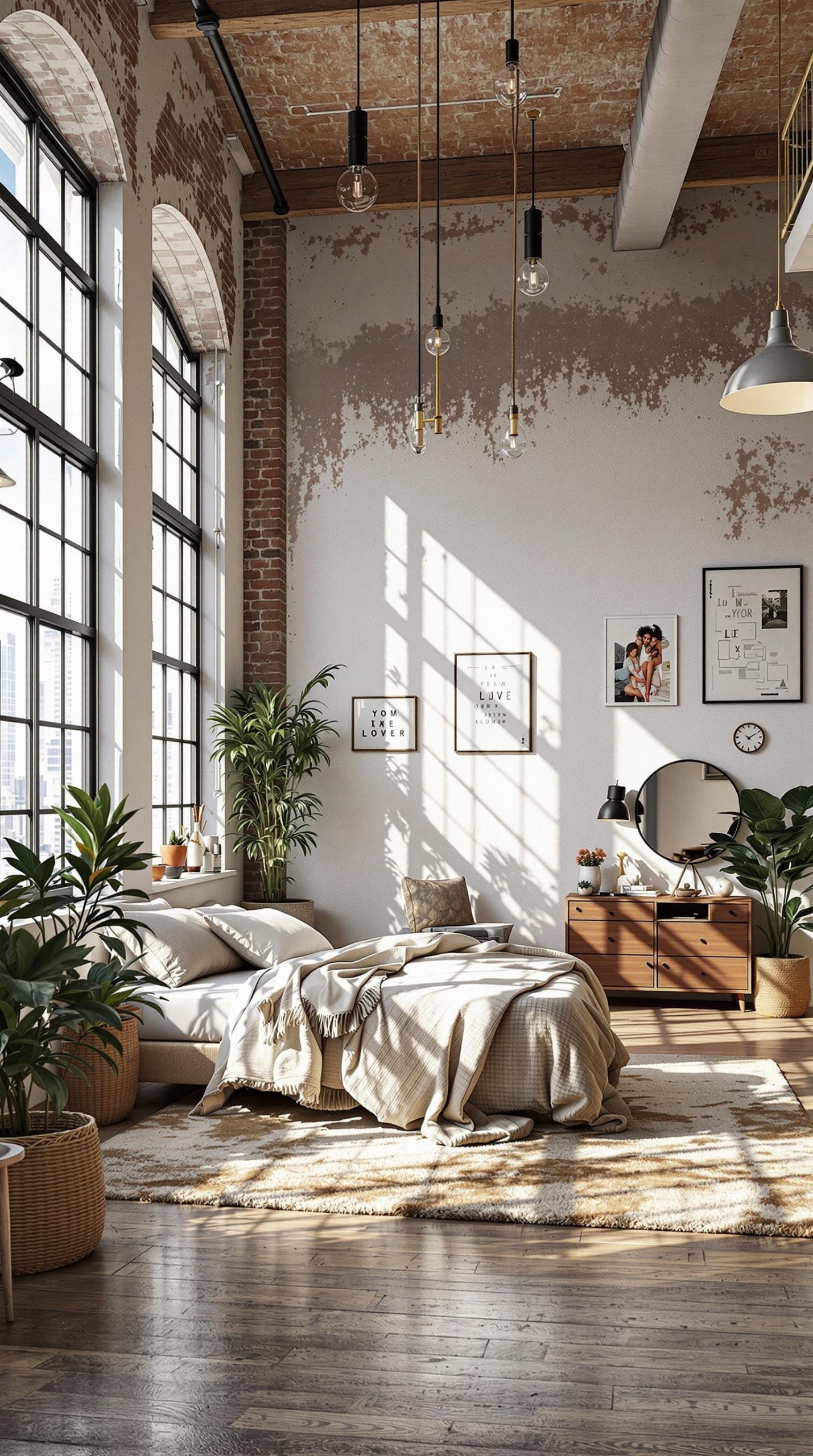 A stylish urban loft bedroom featuring exposed brick walls, large windows, cozy bedding, and decorative plants.