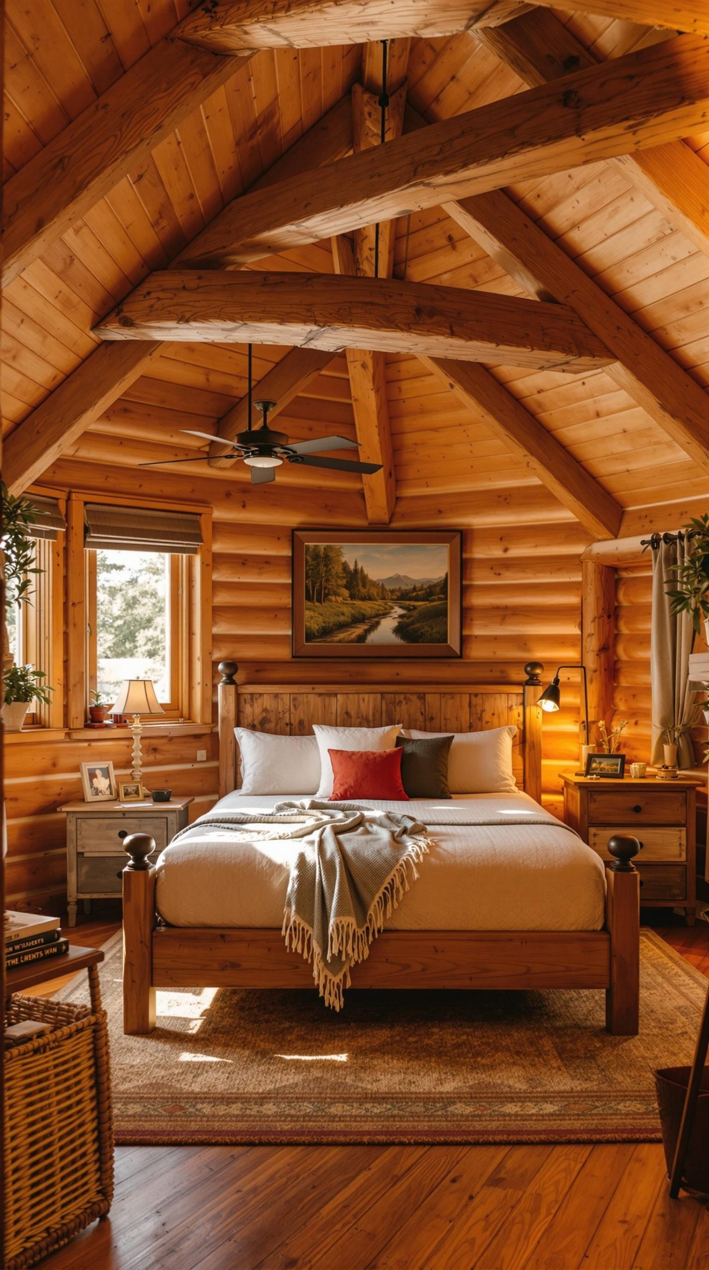 A cozy cabin bedroom featuring wooden beams, a comfortable bed with decorative pillows, and warm lighting.