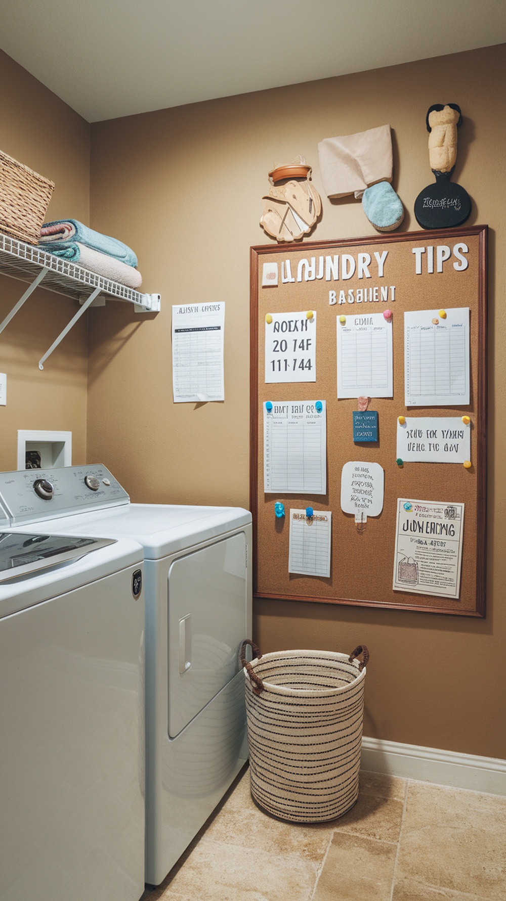 A neat laundry room with a corkboard displaying laundry tips and schedules