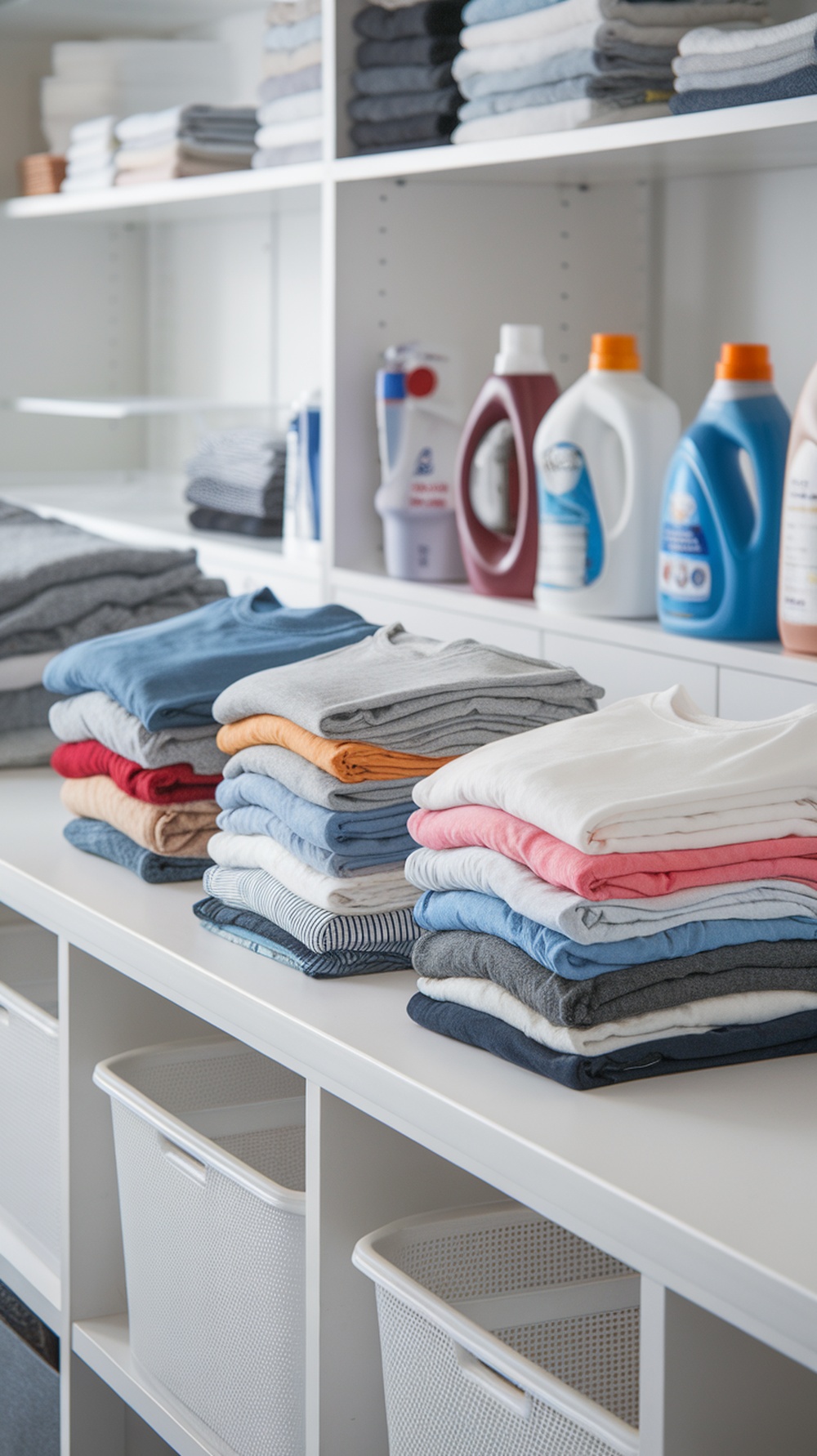 A bright laundry room with a folding station, featuring neatly stacked clothes and organized shelves.
