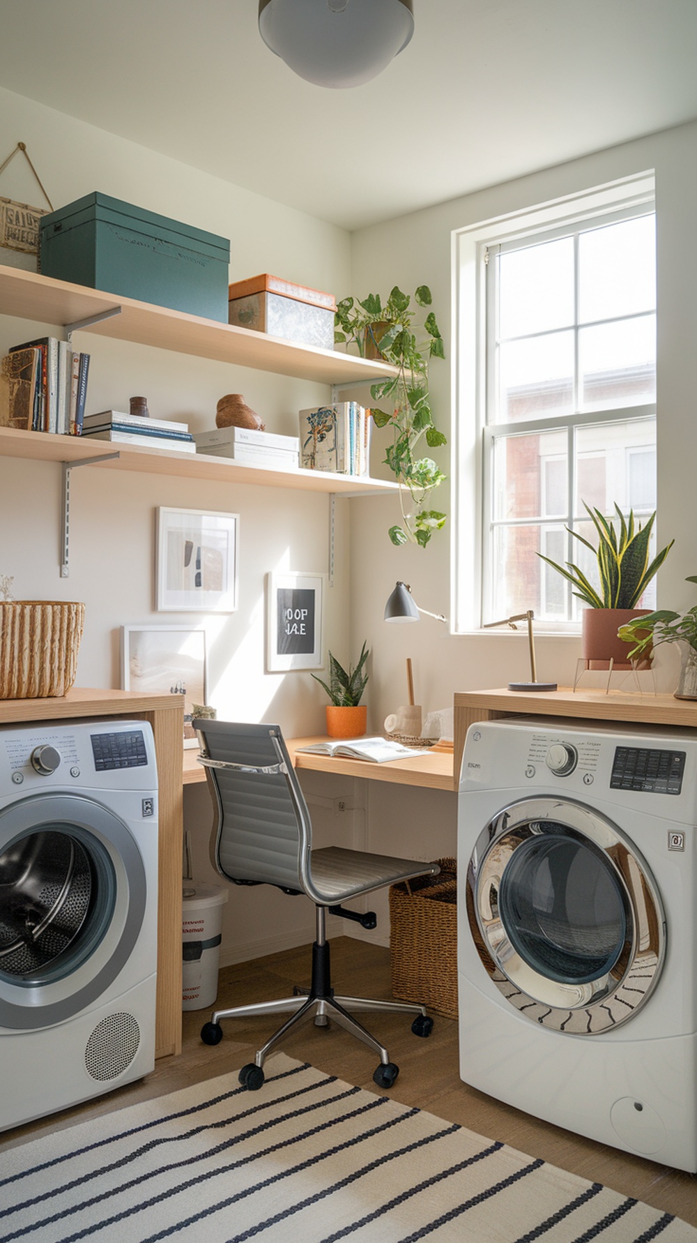 A bright and organized laundry room featuring a washer and dryer, shelving with books and plants, and a desk with a chair.