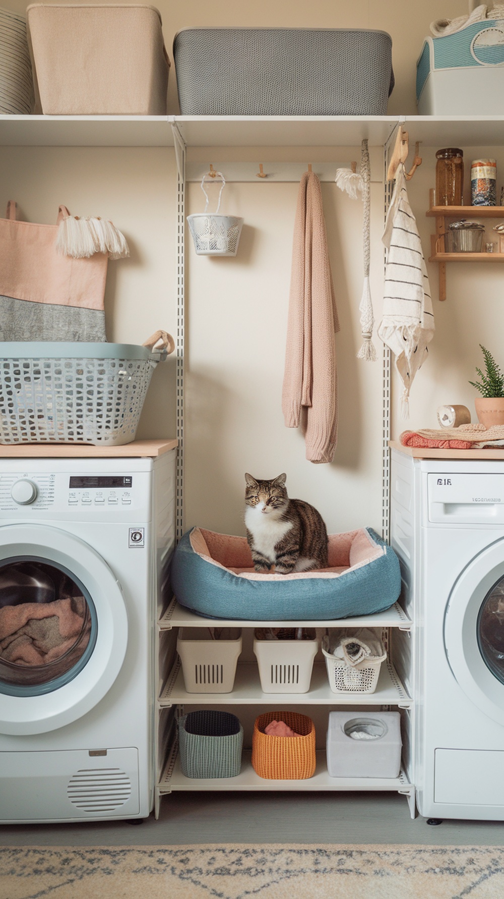 A cozy laundry room with a cat resting on a pet bed, showcasing organized storage and a friendly atmosphere.