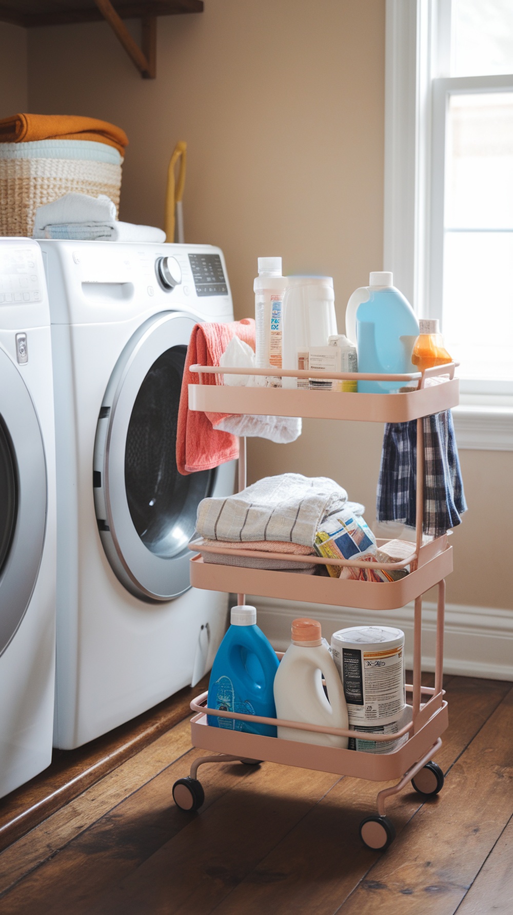 A pink rolling cart filled with laundry supplies next to a washing machine in a cozy laundry room.