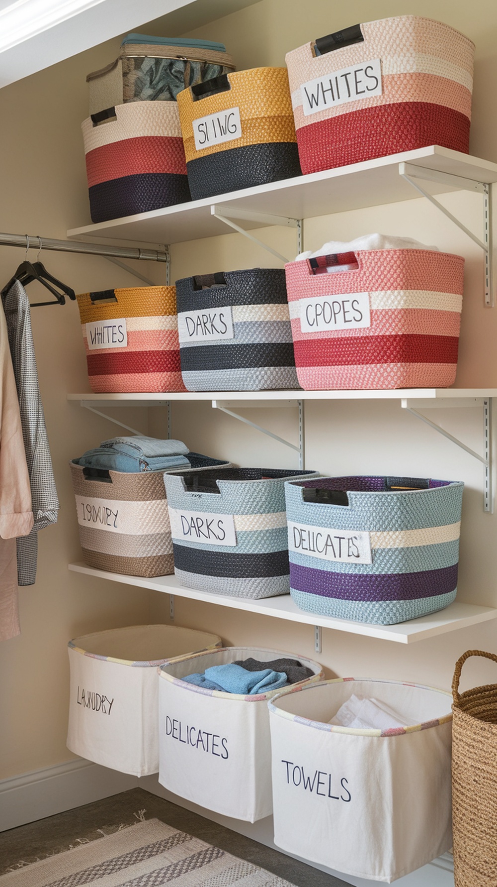 Colorful laundry baskets labeled for sorting clothes in a neat laundry room.