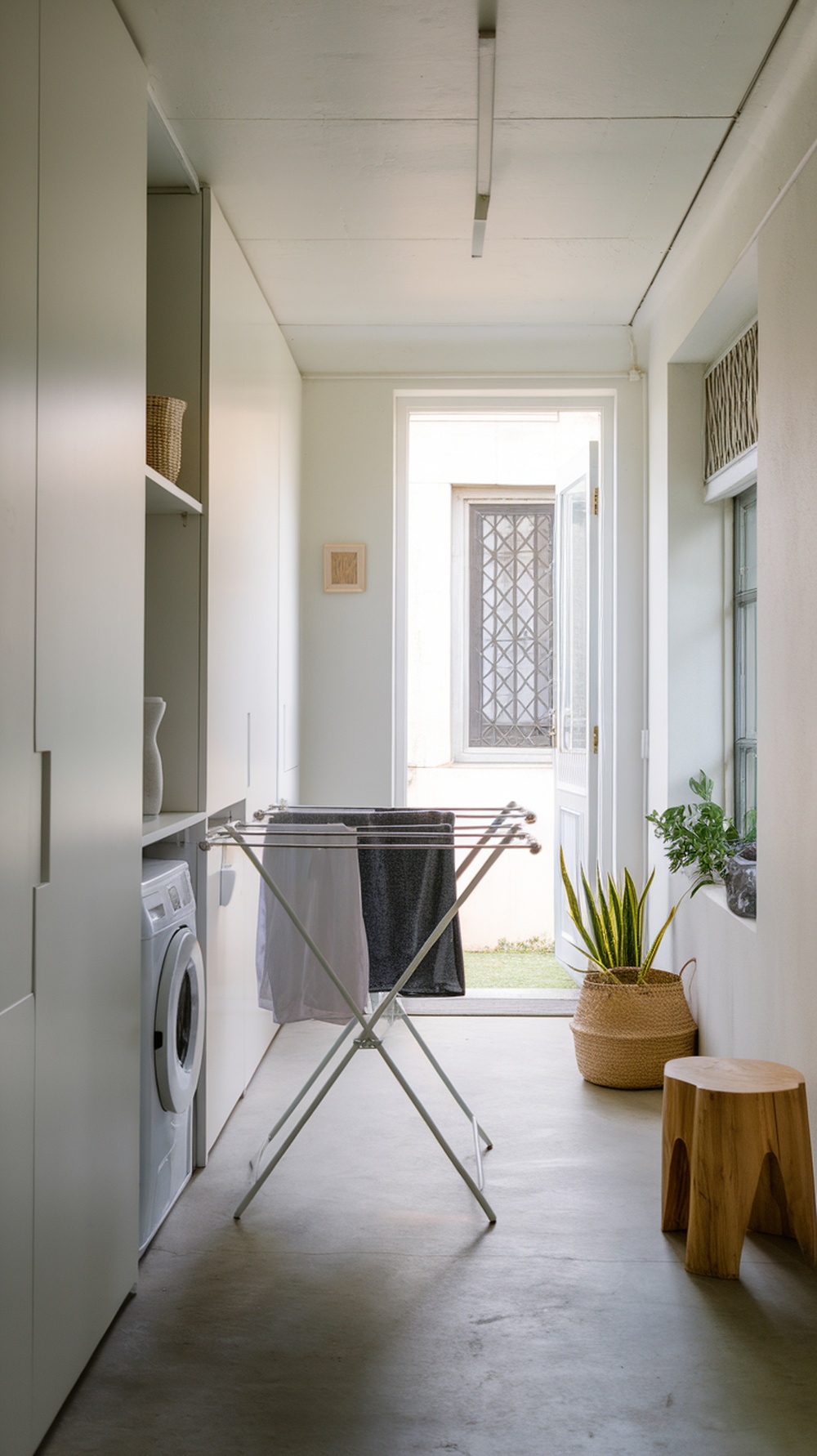 A modern laundry room featuring a pull-out drying rack, washer, and decorative elements.