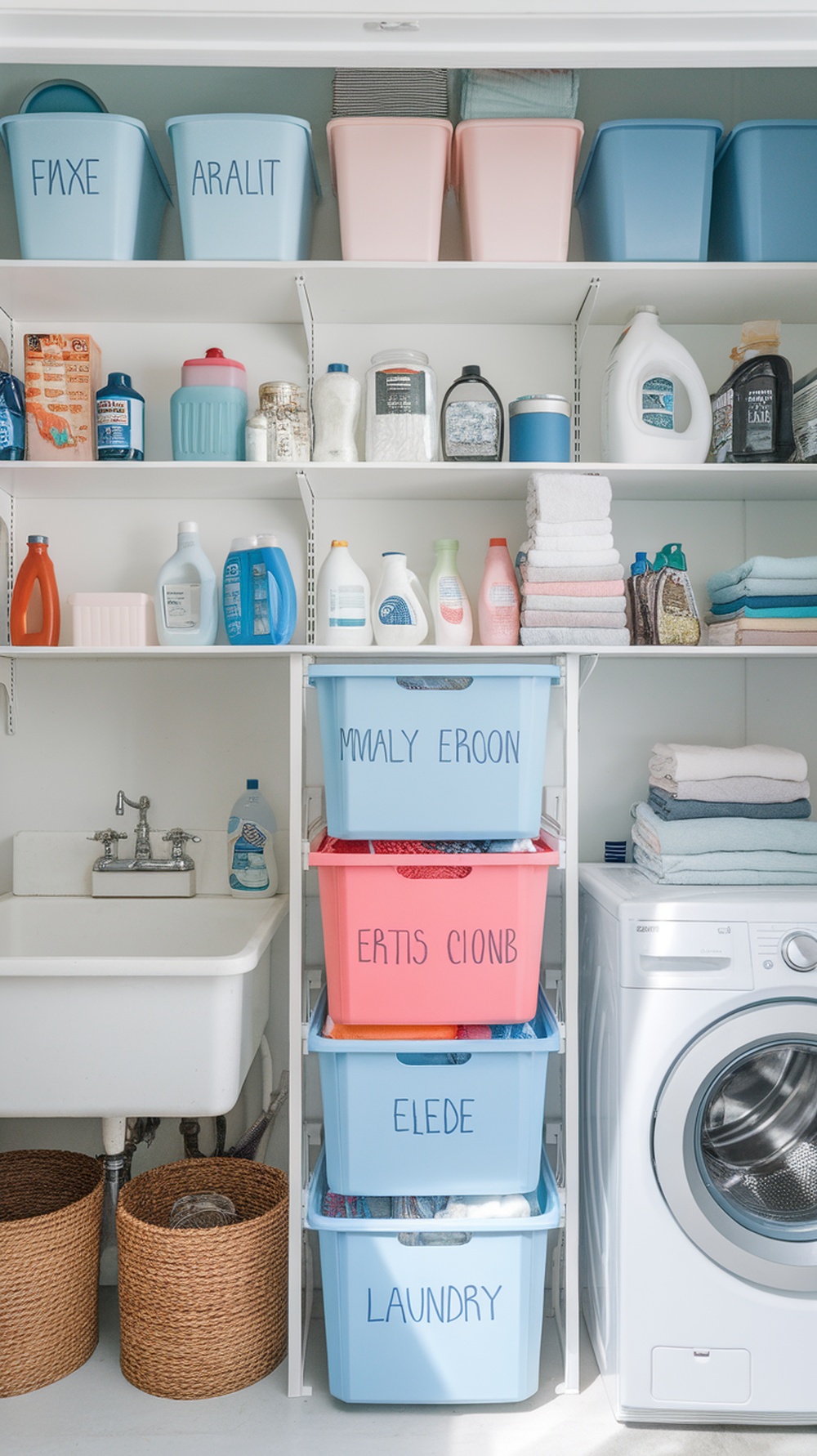 Organized laundry room with labeled bins and shelves containing laundry supplies.