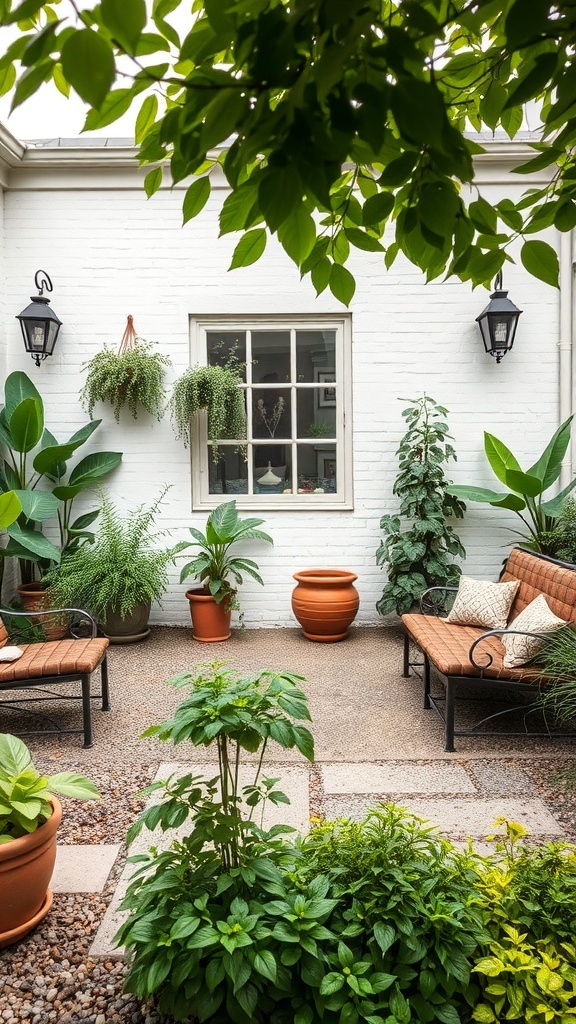Cozy seating area in a small patio garden surrounded by lush plants and greenery.