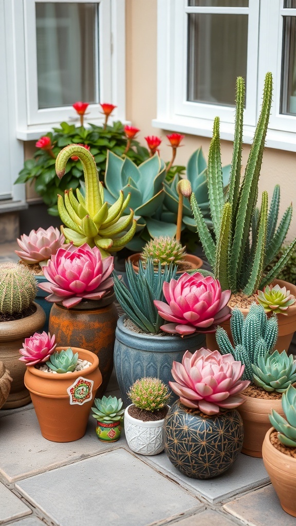 A variety of colorful succulents arranged in different pots on a patio.