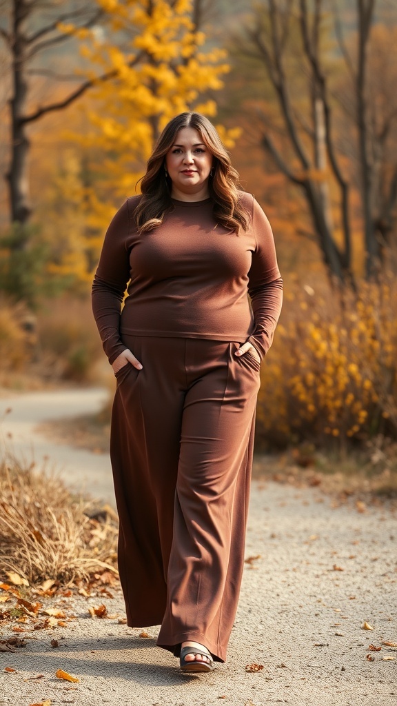 A plus-size woman wearing brown wide-leg trousers and a matching top, walking on a path surrounded by autumn foliage.