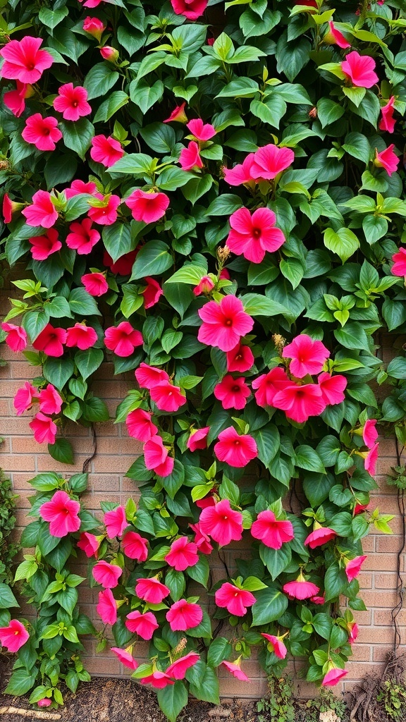 A wall covered in vibrant pink hibiscus flowers climbing with lush green leaves.