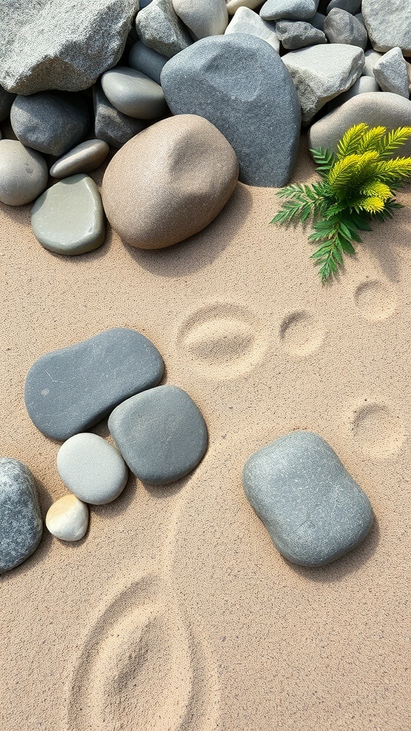 A close-up of a Zen-inspired mini rock garden featuring smooth stones, fine sand, and a small green plant.