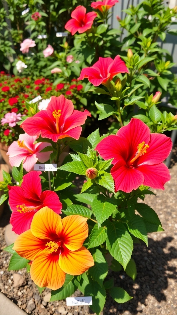Colorful hibiscus flowers in a garden setting