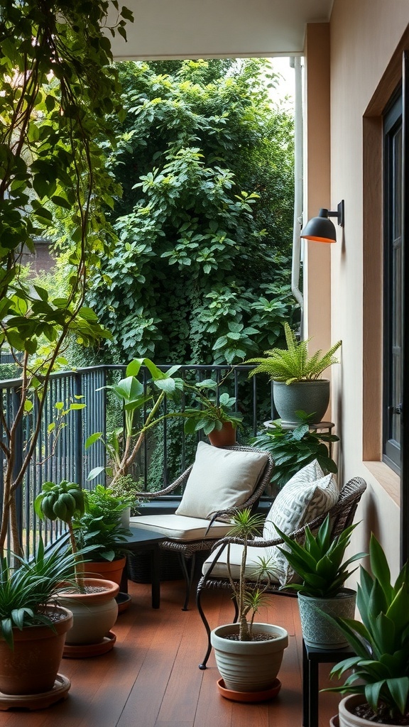 A cozy balcony seating area surrounded by various plants in pots.