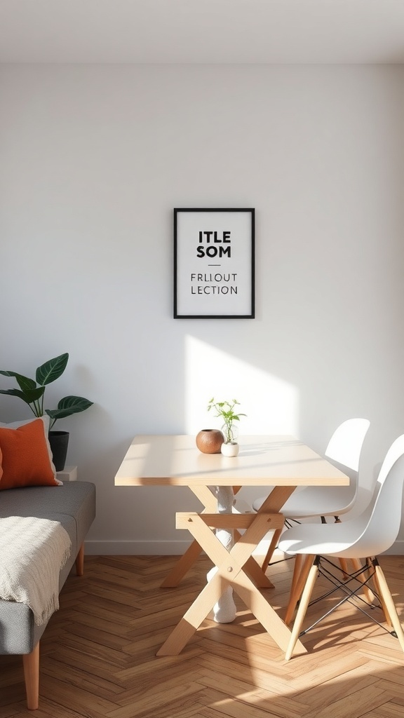 A small, foldable dining table with two chairs in a cozy living room.