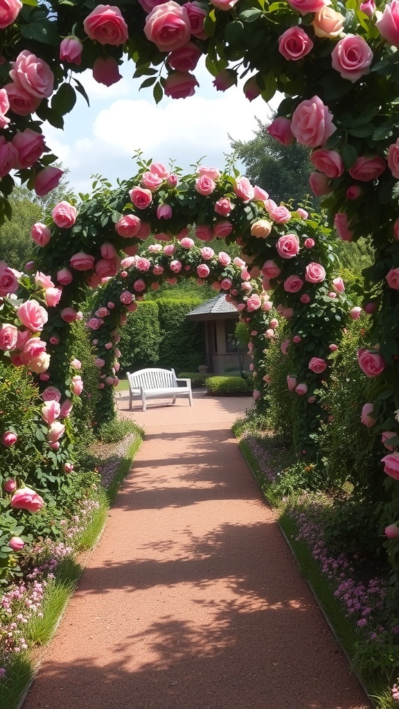 A pathway with rose arches filled with pink roses and a bench