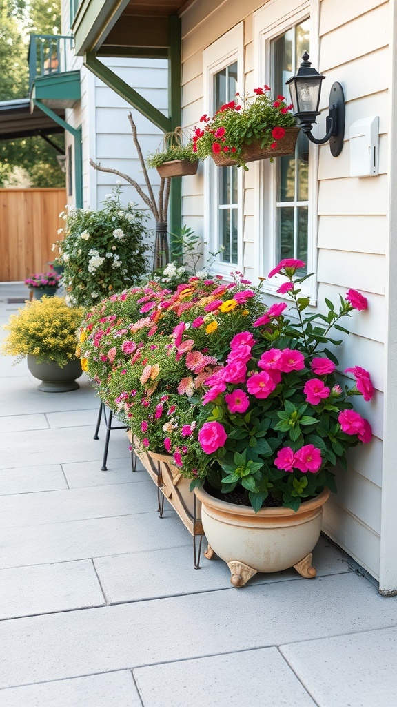 A small patio garden with colorful flower borders featuring pink blooms and various plants in pots.