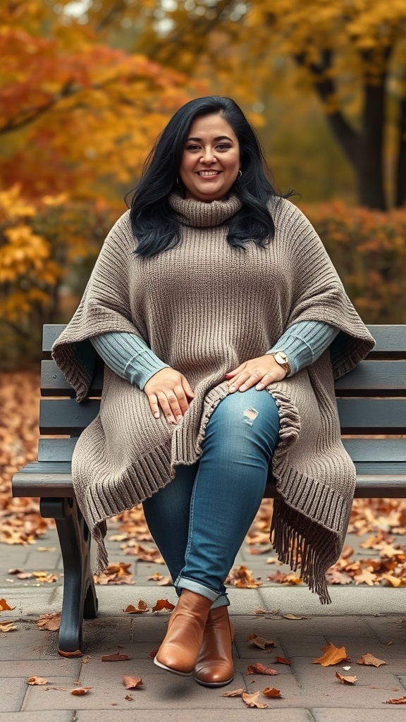 A woman wearing a warm knit poncho and jeans, sitting on a bench surrounded by autumn leaves.