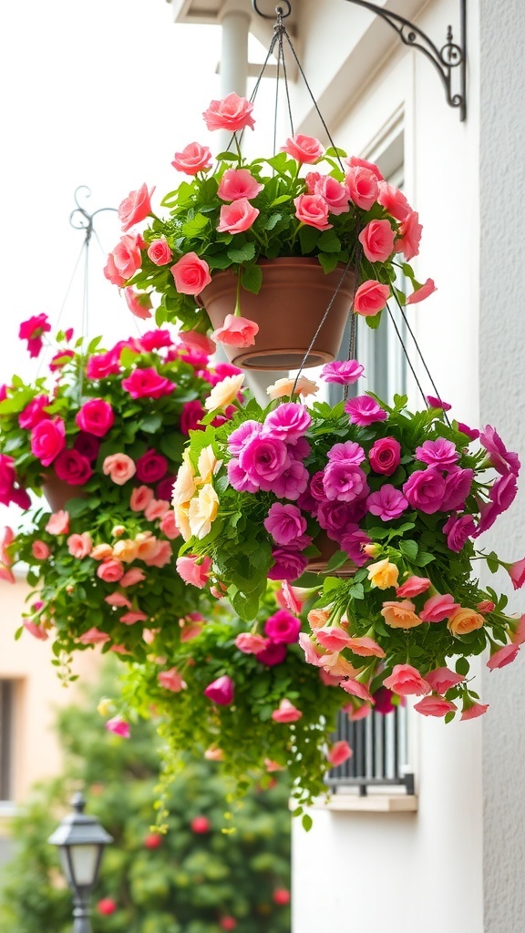 Colorful hanging baskets filled with pink, purple, and yellow flowers on a balcony.
