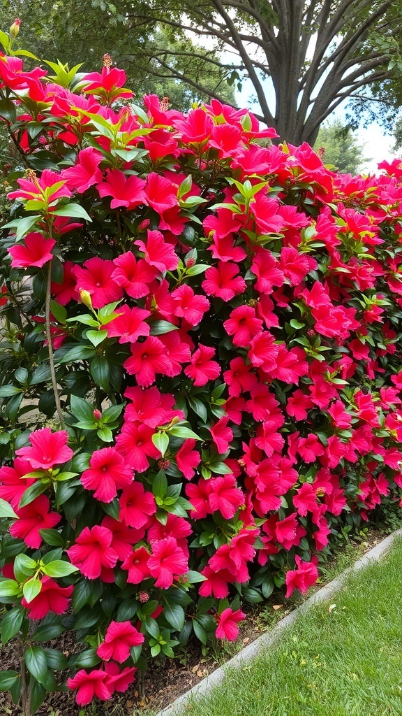A vibrant row of pink hibiscus flowers forming a hedge.