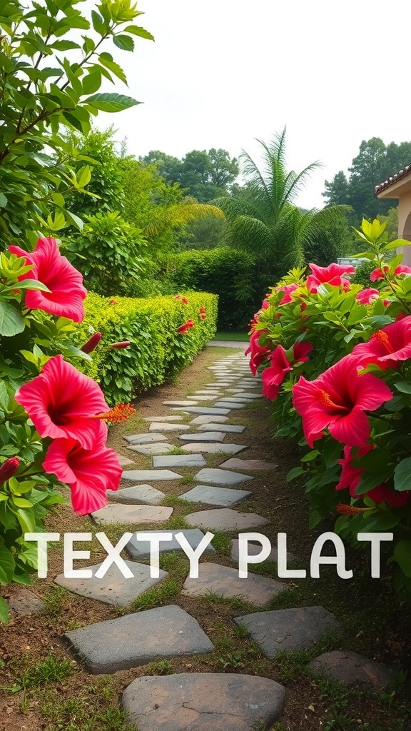 A beautiful stone pathway lined with vibrant hibiscus flowers and lush greenery.