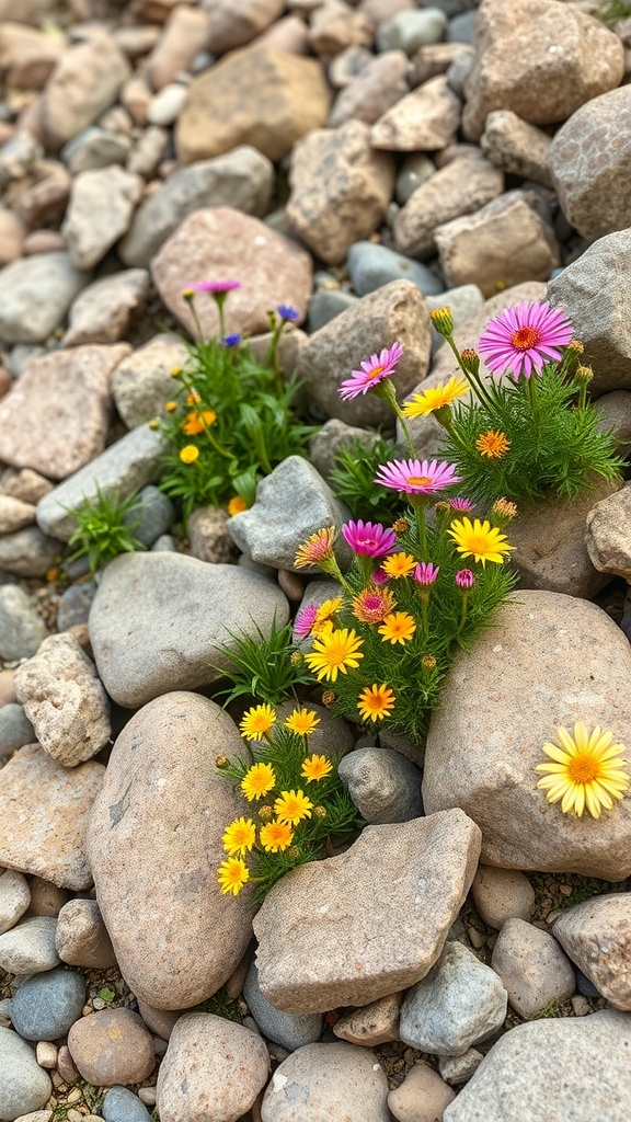 A vibrant wildflower rock garden featuring colorful flowers among various stones.