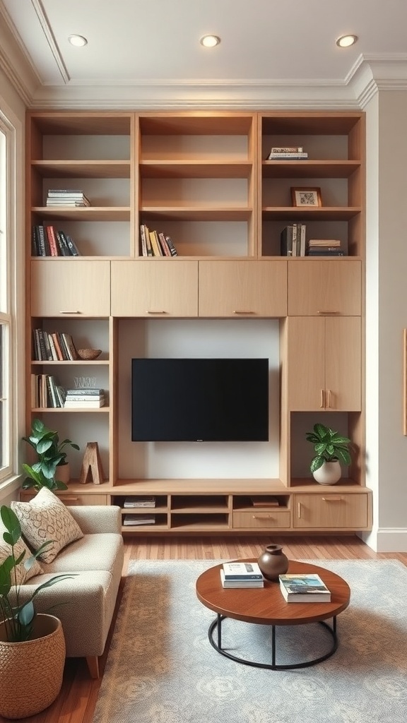 A small living room featuring built-in storage solutions with a cozy sofa and a round coffee table.