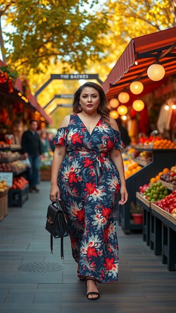 A woman in a floral jumpsuit walking through a market, surrounded by colorful produce.