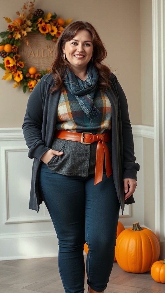 A plus-size woman in a layered outfit with a plaid shirt, gray cardigan, and a stylish brown belt, standing in a cozy fall setting.