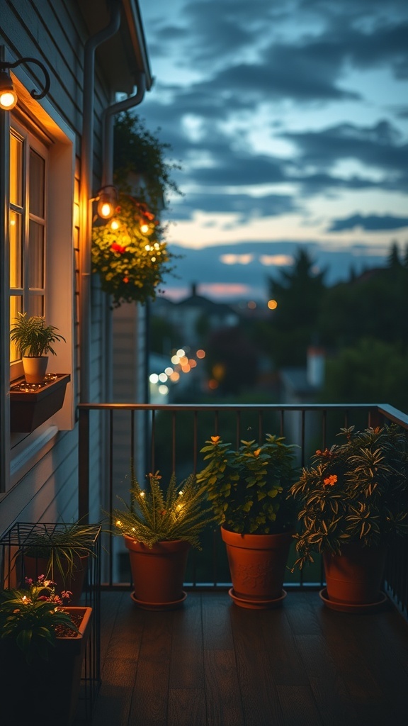A cozy balcony with fairy lights and potted plants at dusk